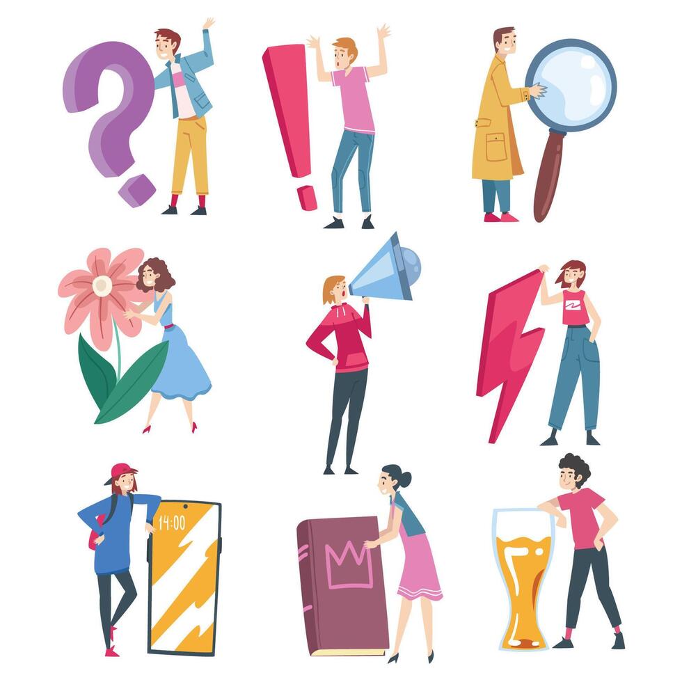 Tiny People Characters Holding Huge Objects, Young Men and Women Carrying Punctuation Mark, Magnifier, Smartphone, Book Cartoon Style Illustration vector