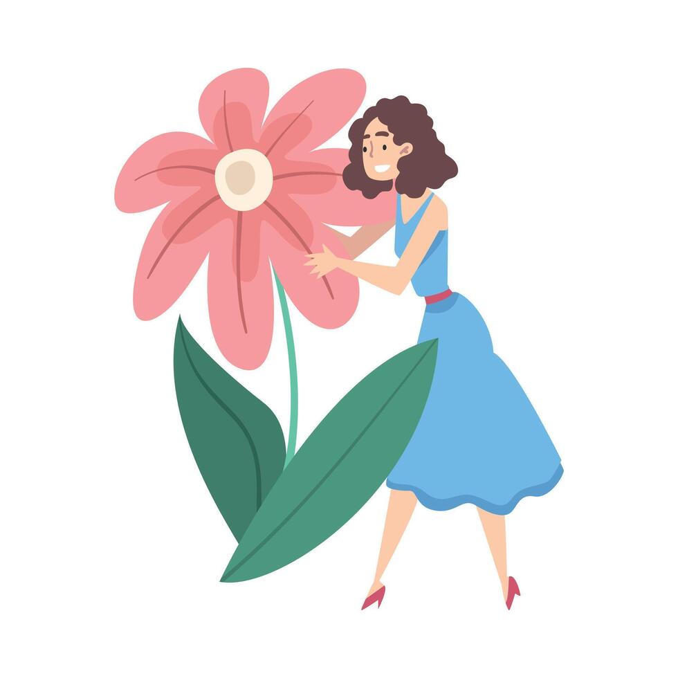 Tiny Young Woman Character Holding Huge Flower Cartoon Style Illustration vector