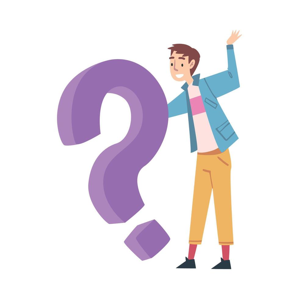 Tiny Man Character Holding Huge Question Sign, Cartoon Style Illustration vector