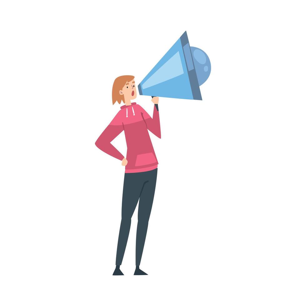 Woman Shouting to Huge Megaphone, Public Relations, Alert Advertising Campaign, Propaganda Cartoon Style Illustration vector