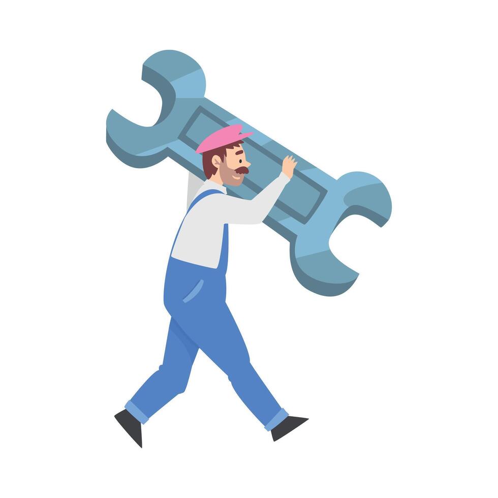 Tiny Man Carrying Huge Wrench, Plumber, Mechanic Character Cartoon Style Illustration vector