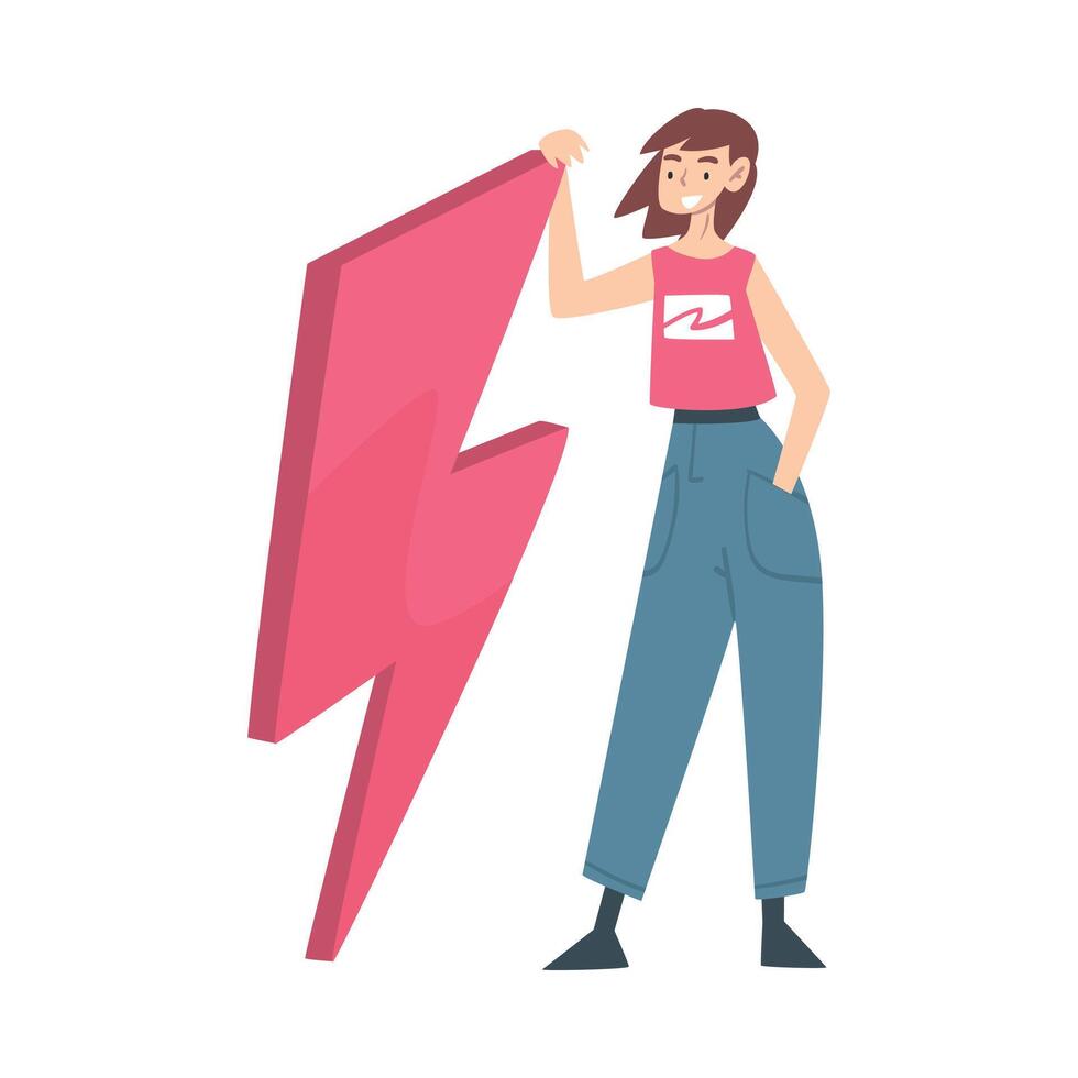 Tiny Young Woman Holding Huge Lightning Cartoon Style Illustration vector