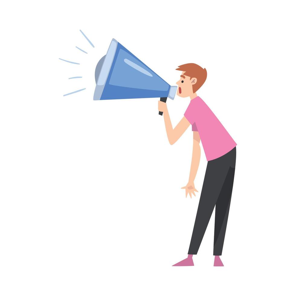 Man Character Shouting to Huge Megaphone, Public Relations, Alert Advertising Campaign, Propaganda Cartoon Style Illustration vector
