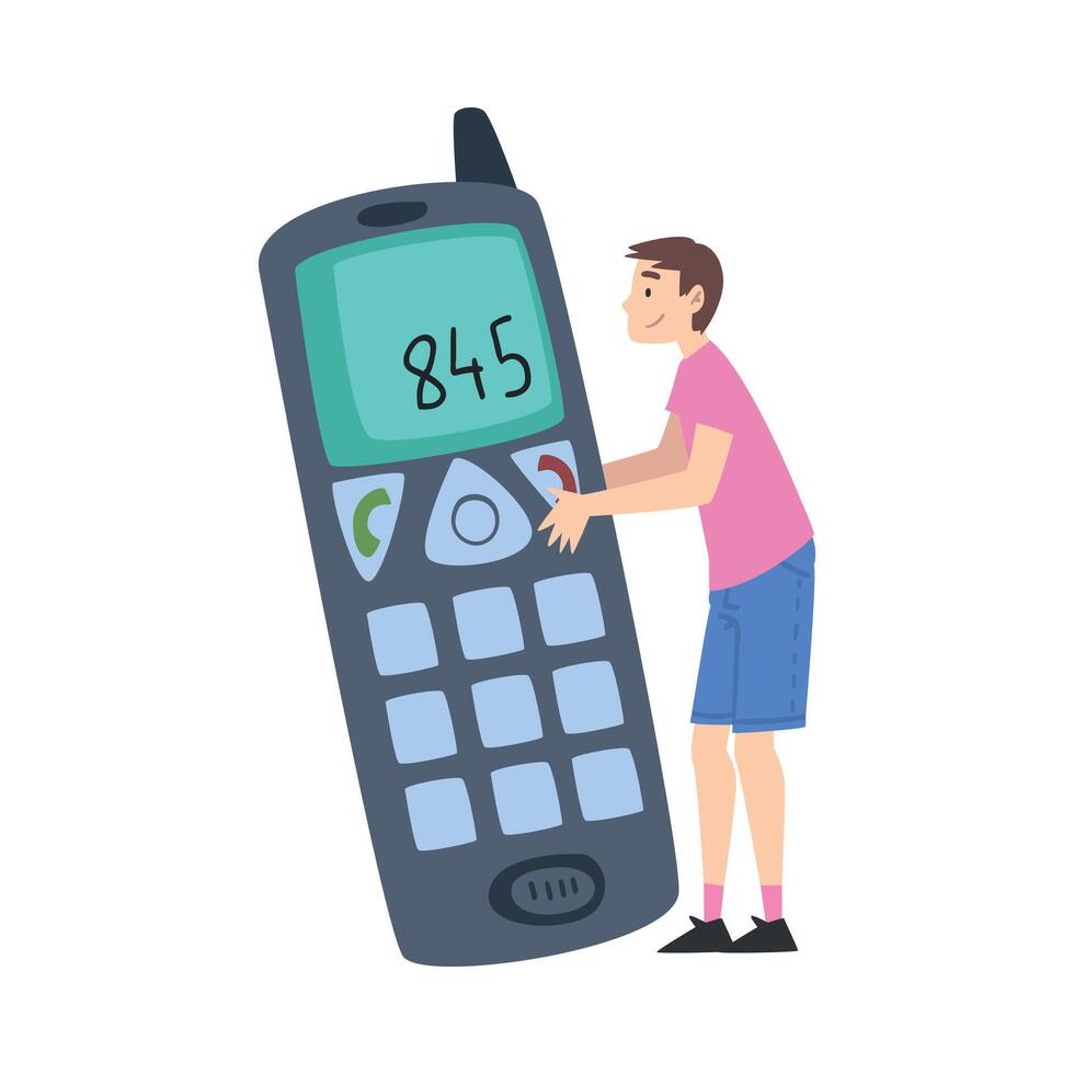 Tiny Man Character Holding Huge Mobile Phone Cartoon Style Illustration vector