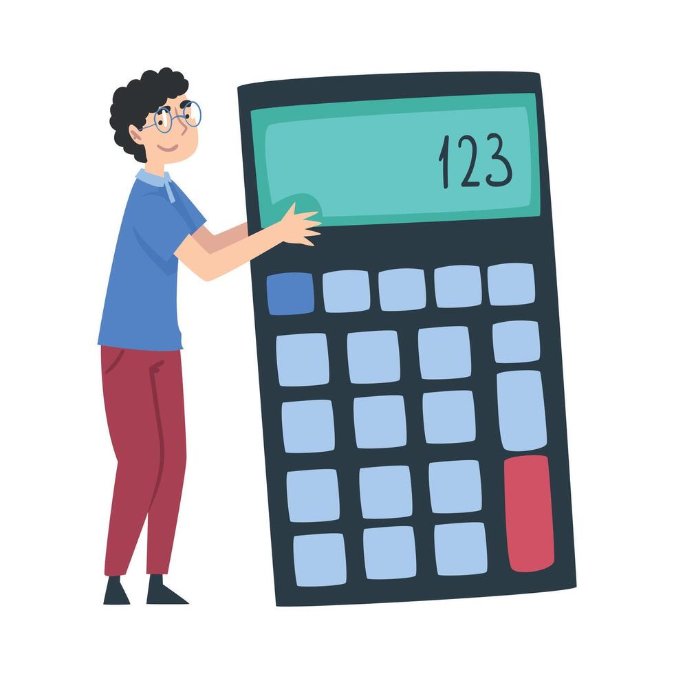 Tiny Teenage Boy Holding Huge Calculator Cartoon Style Illustration vector