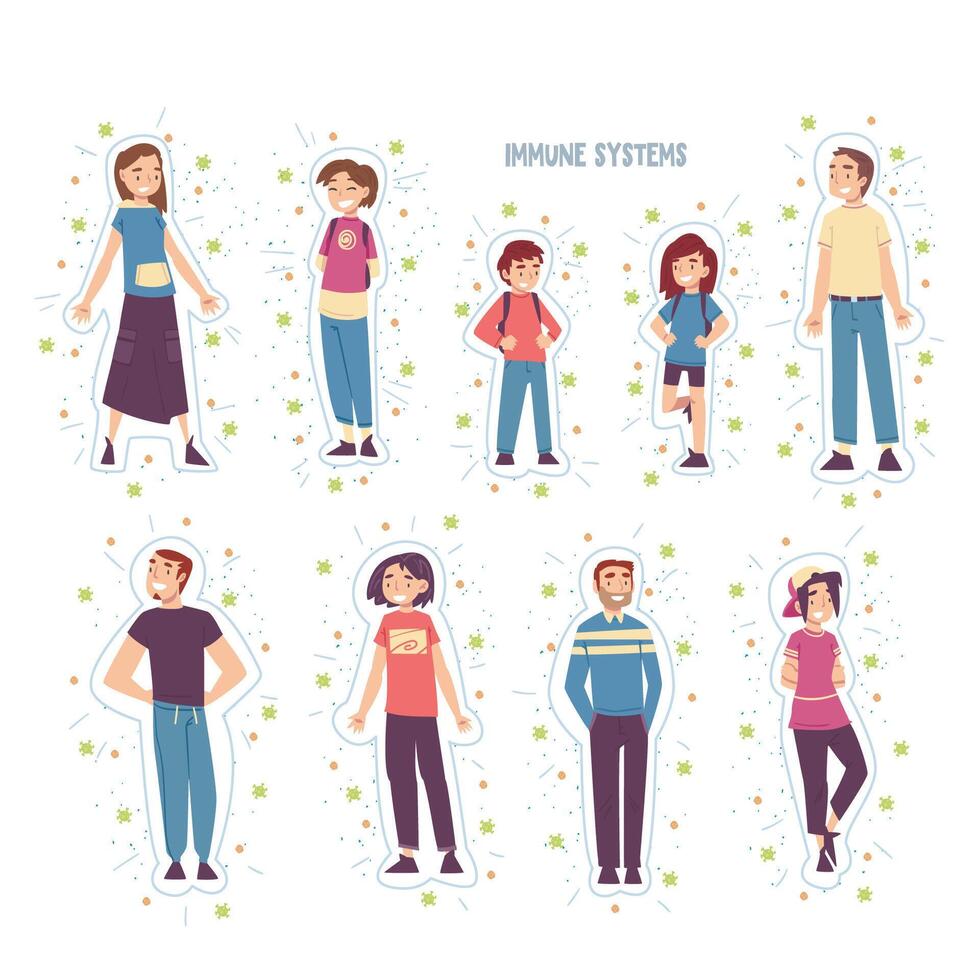 Cheerful People Protected from Bacterias, Viruses and Germs Set, Strong Immune System Concept Cartoon Style Illustration vector