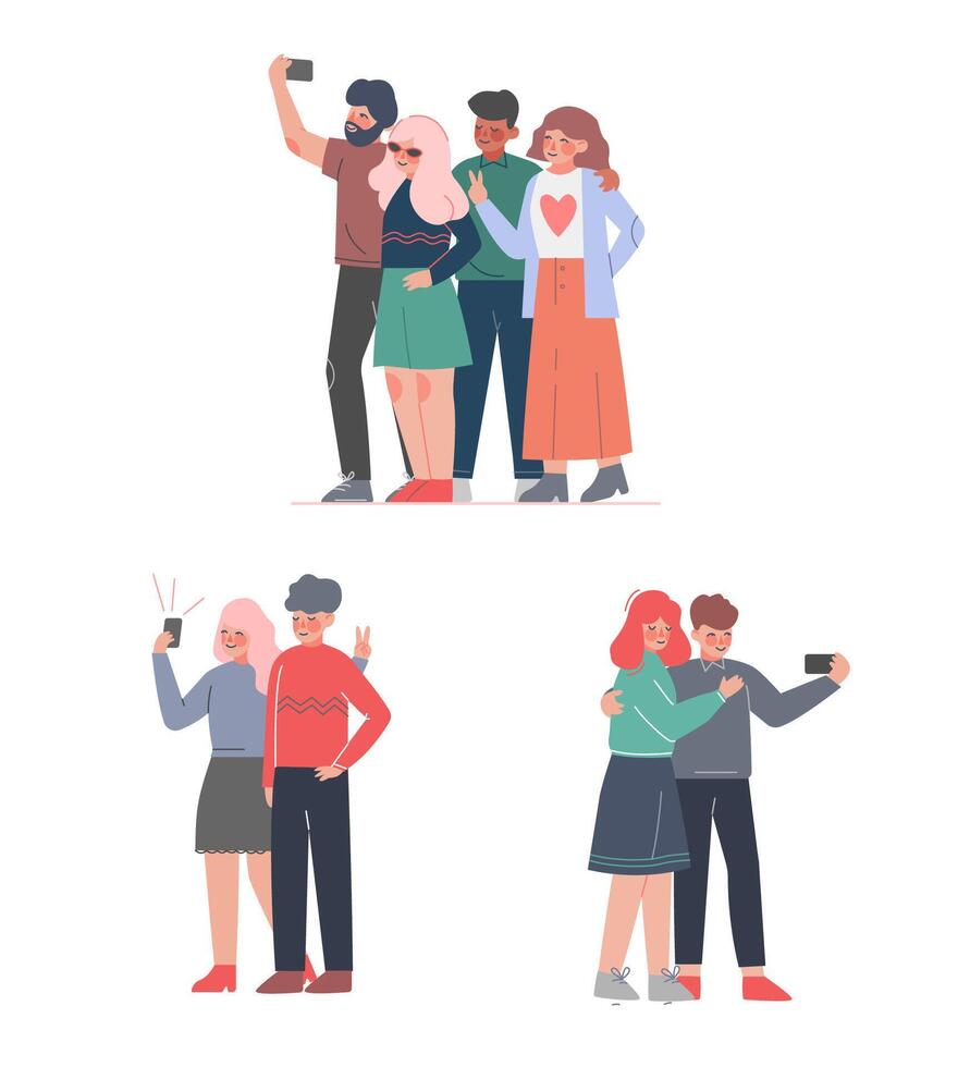 People Taking Selfie with Smartphone Set, Friends Spending Time Together and Photographing Cartoon Style Illustration vector