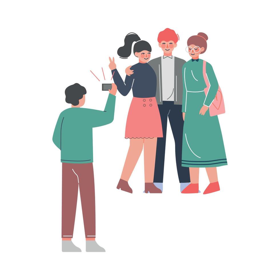 Friends Posing while Photographer Taking Photos Cartoon Style Illustration vector