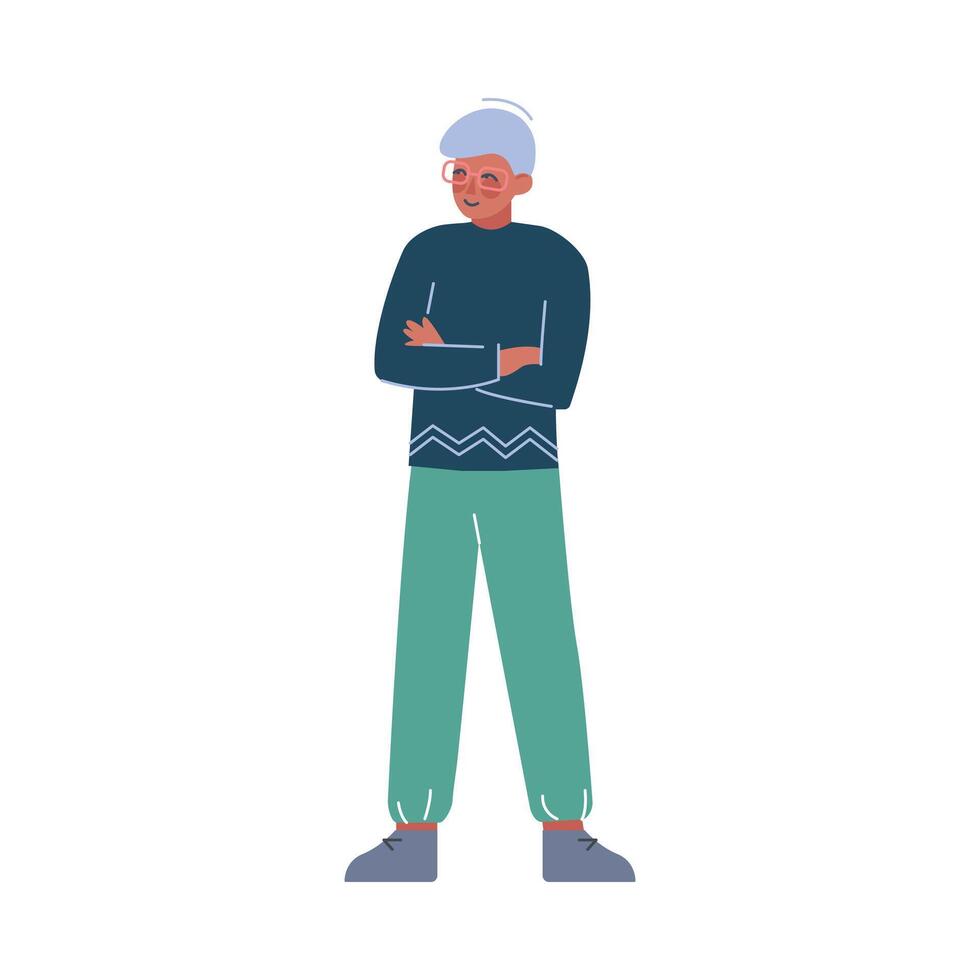 Guy Standing Full Length with Folded Hands and Posing for Photo Cartoon Style Illustration vector