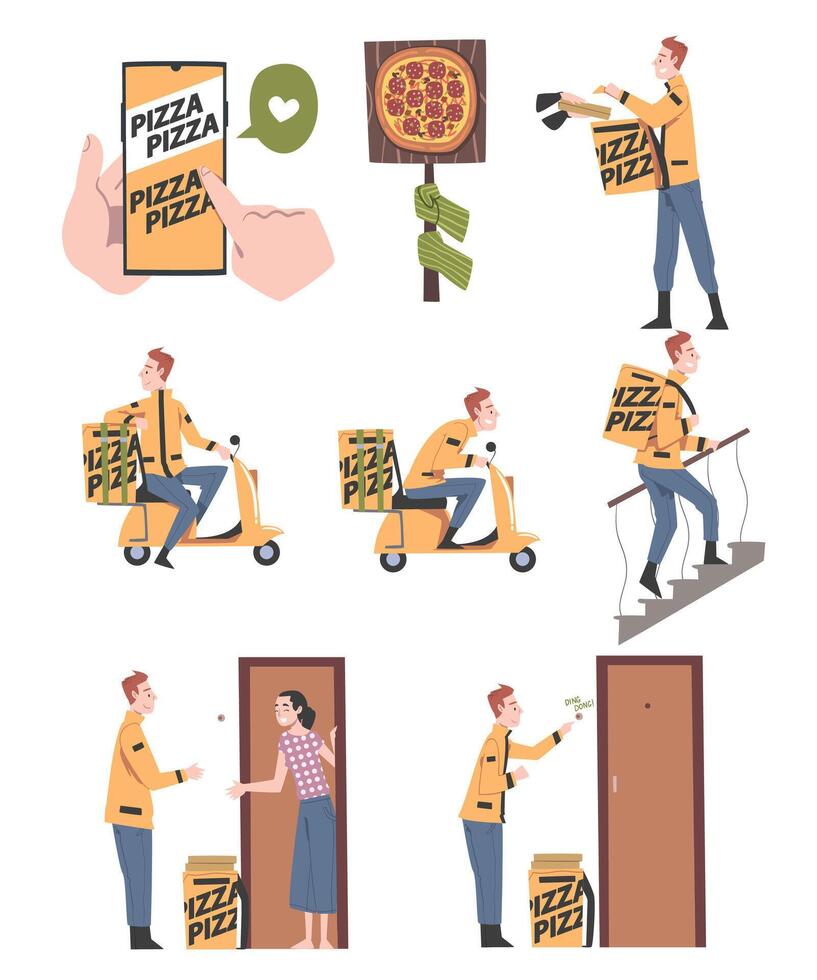 Male Courier Character Delivering Pizza to Clients, Pizza Delivery Service Cartoon Style Illustration vector