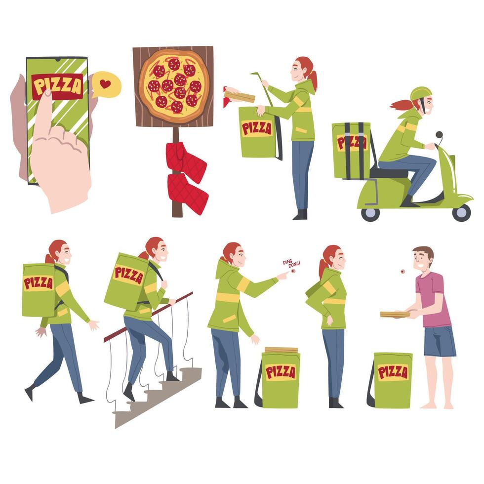 Girl Courier Character Delivering Pizza to Clients, Online Food Order and Delivery Service Cartoon Style Illustration vector