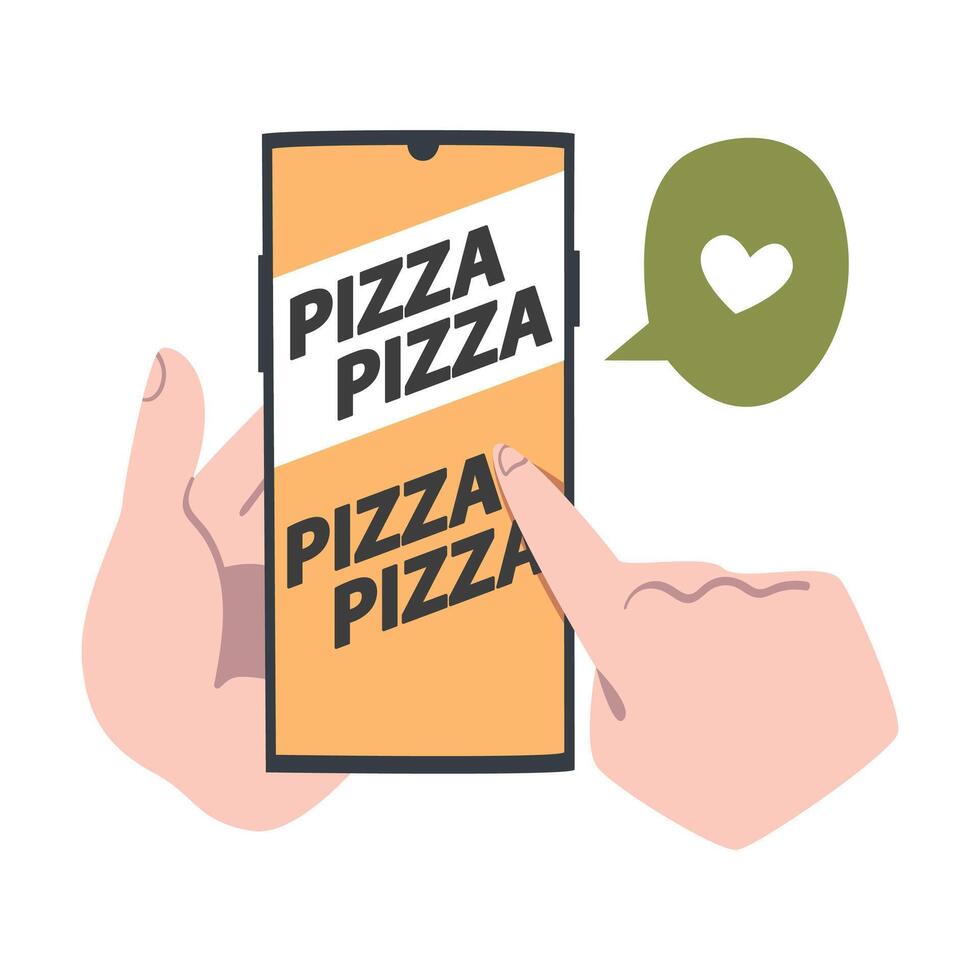 Online Pizza Ordering, Finger Pointing on Mobile Phone Screen to Order Fast Food Dish Cartoon Style Illustration vector