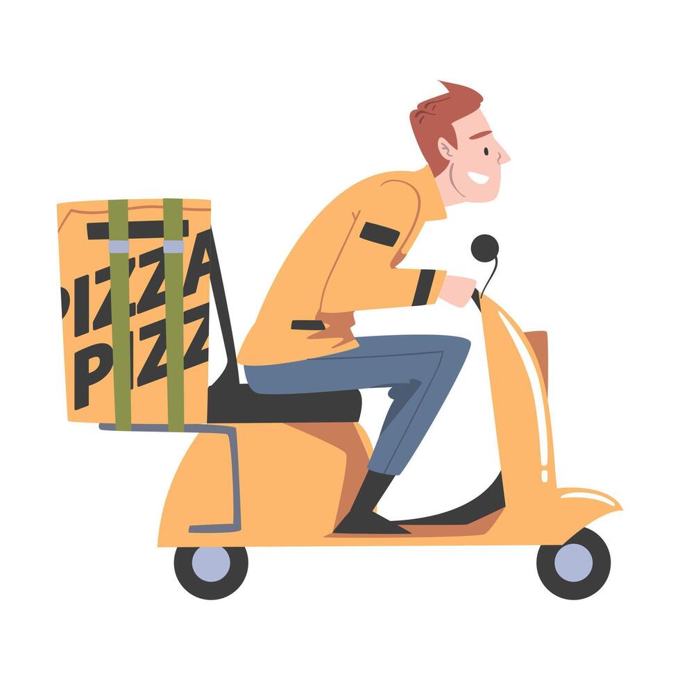Delivery Man Riding Scooter, Pizza Delivery Service Cartoon Style Illustration vector