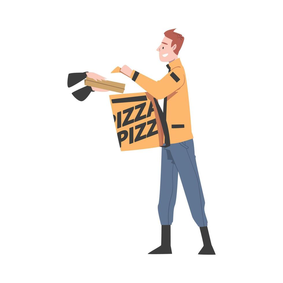 Delivery Man Giving Cardboard to Client, Pizza Delivery Service Cartoon Style Illustration vector
