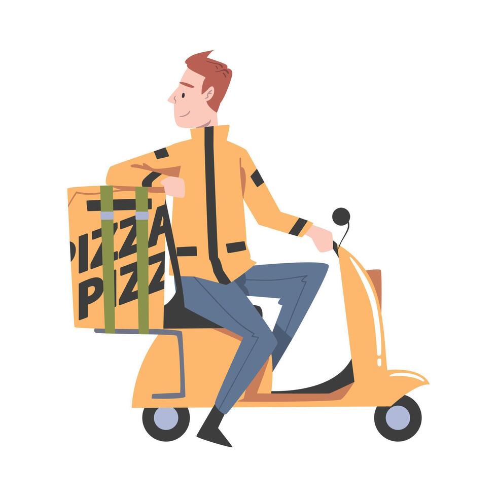 Food Delivery Man Riding Scooter, Pizza Delivery Service Cartoon Style Illustratio vector