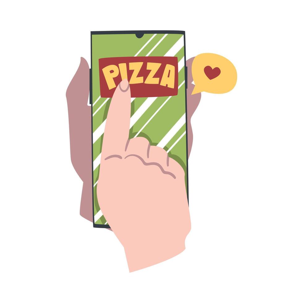 Online Pizza Ordering, Hands Holding Mobile Phone Using Food Delivery Application Cartoon Style Illustration vector