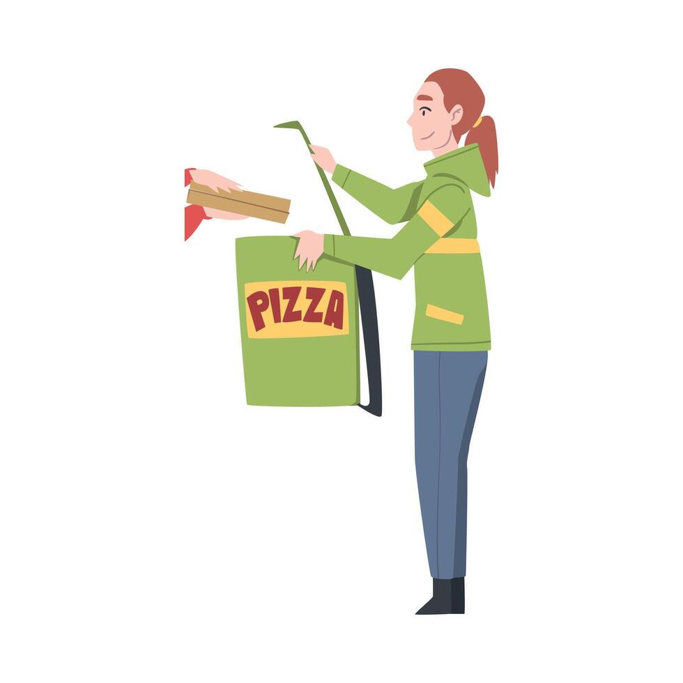 Delivery Girl Giving Cardboard to Client, Pizza Delivery Service Cartoon Style Illustration vector