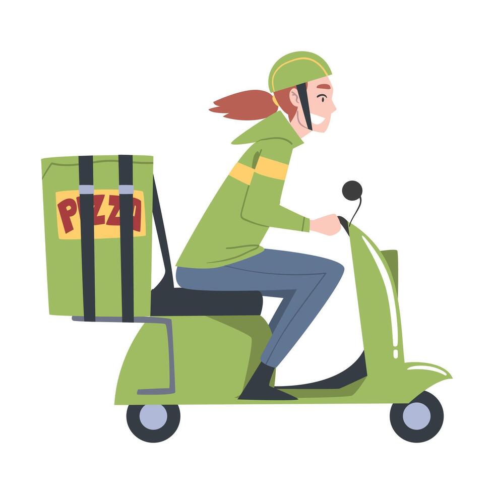 Delivery Girl Riding Scooter, Pizza Delivery Service Cartoon Style Illustration vector