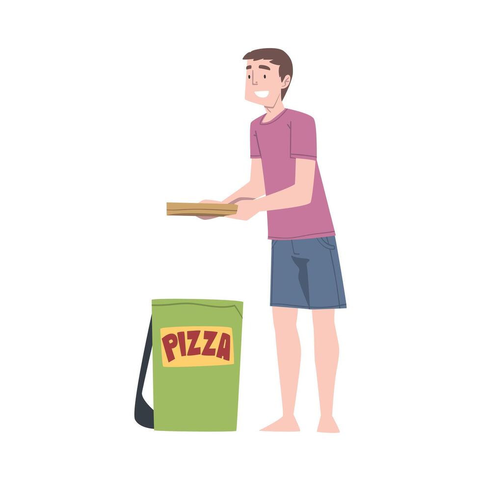 Guy Receiving Pizzeria Order, Online Food Order and Delivery Service Cartoon Style Illustration vector