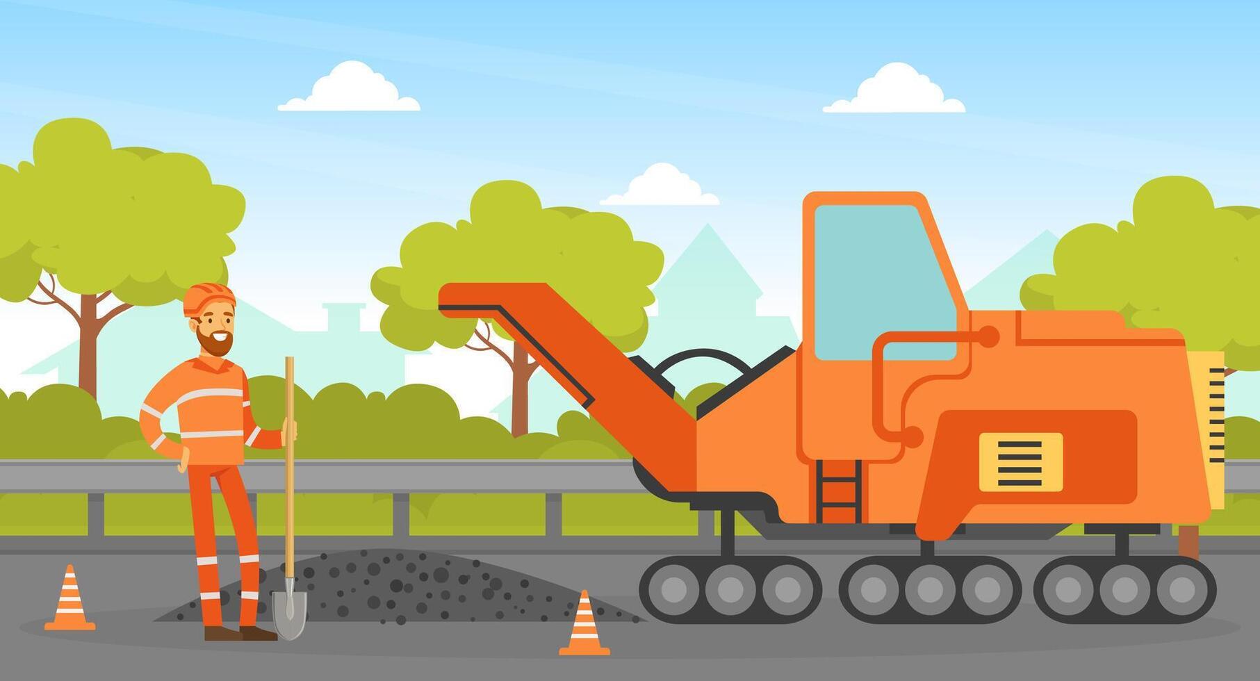 Road Construction and Repair, Construction Worker and Heavy Construction Machine, Builder Character in Overalls and Safety Helmet Repairing Asphalt Road Illustration vector