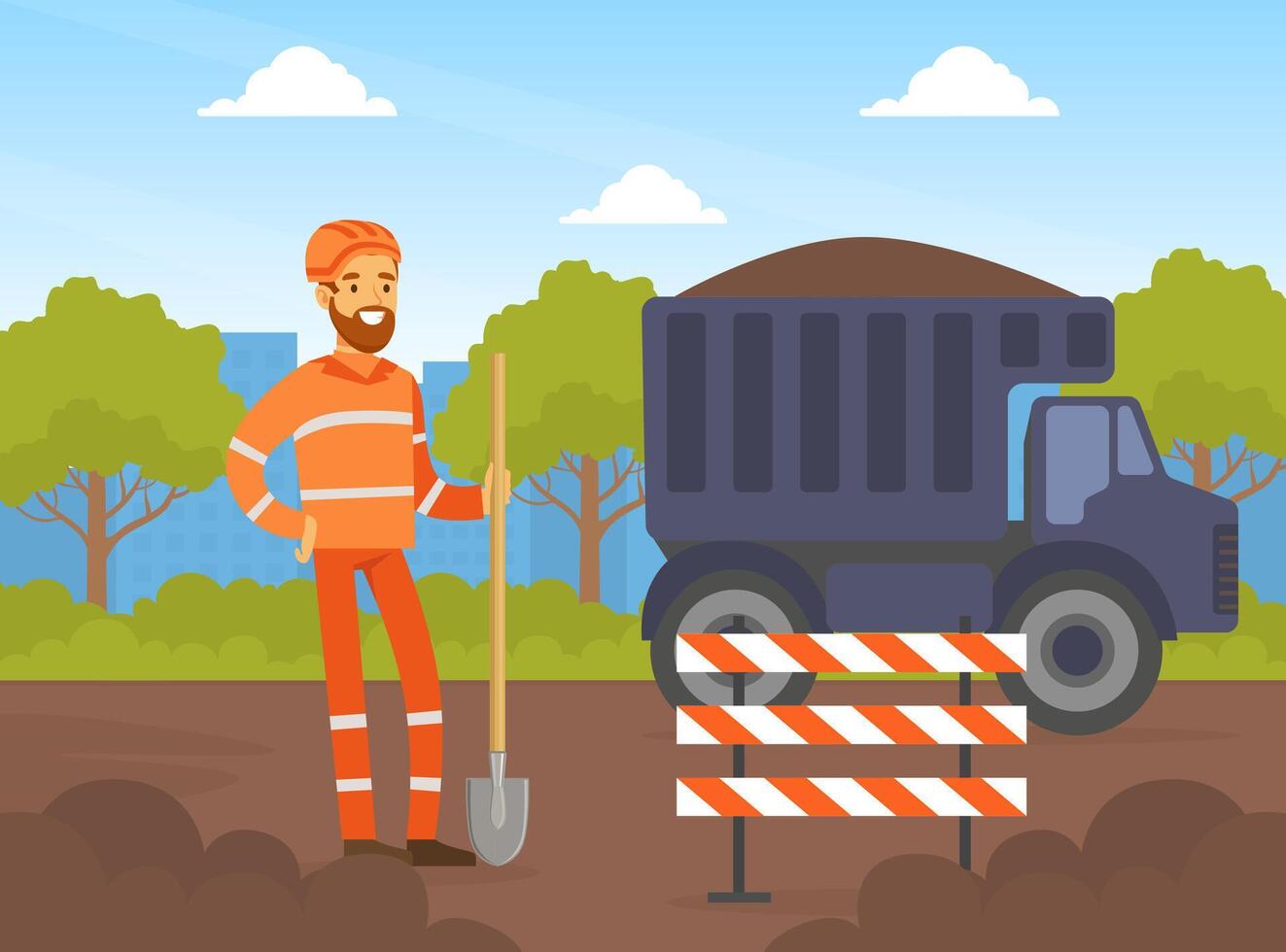 Asphalt Road Construction and Repair, Worker in Overalls and Safety Helmet Repairing Digging with Shovel Cartoon Illustration vector