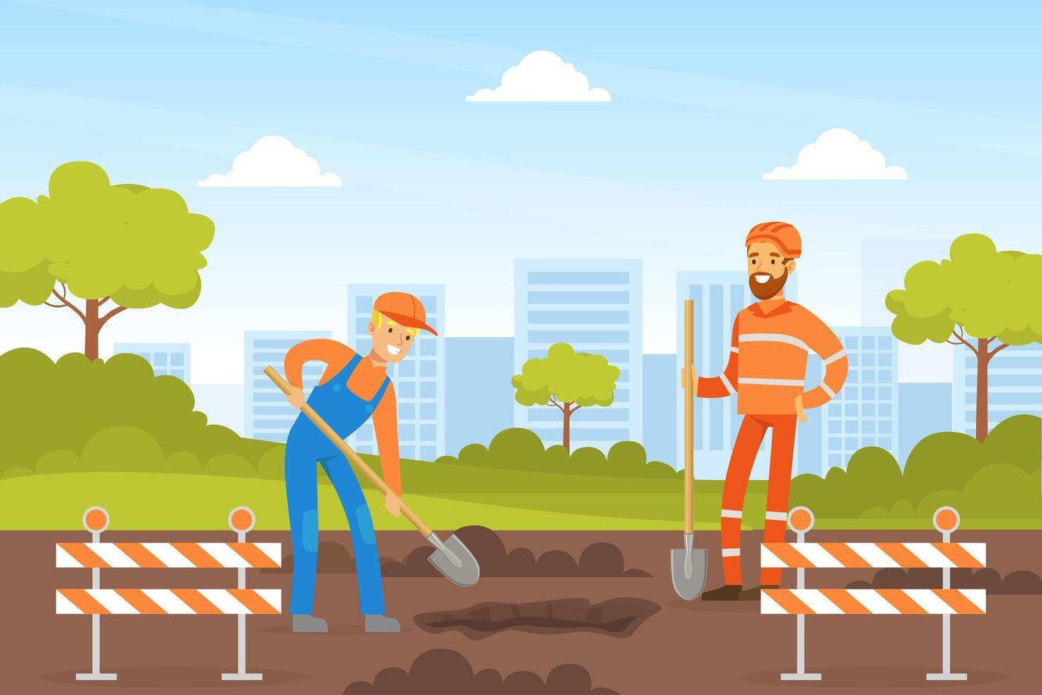 Road Construction and Repair, Road Worker in Overalls and Safety Helmets Repairing Asphalt Road Illustration vector