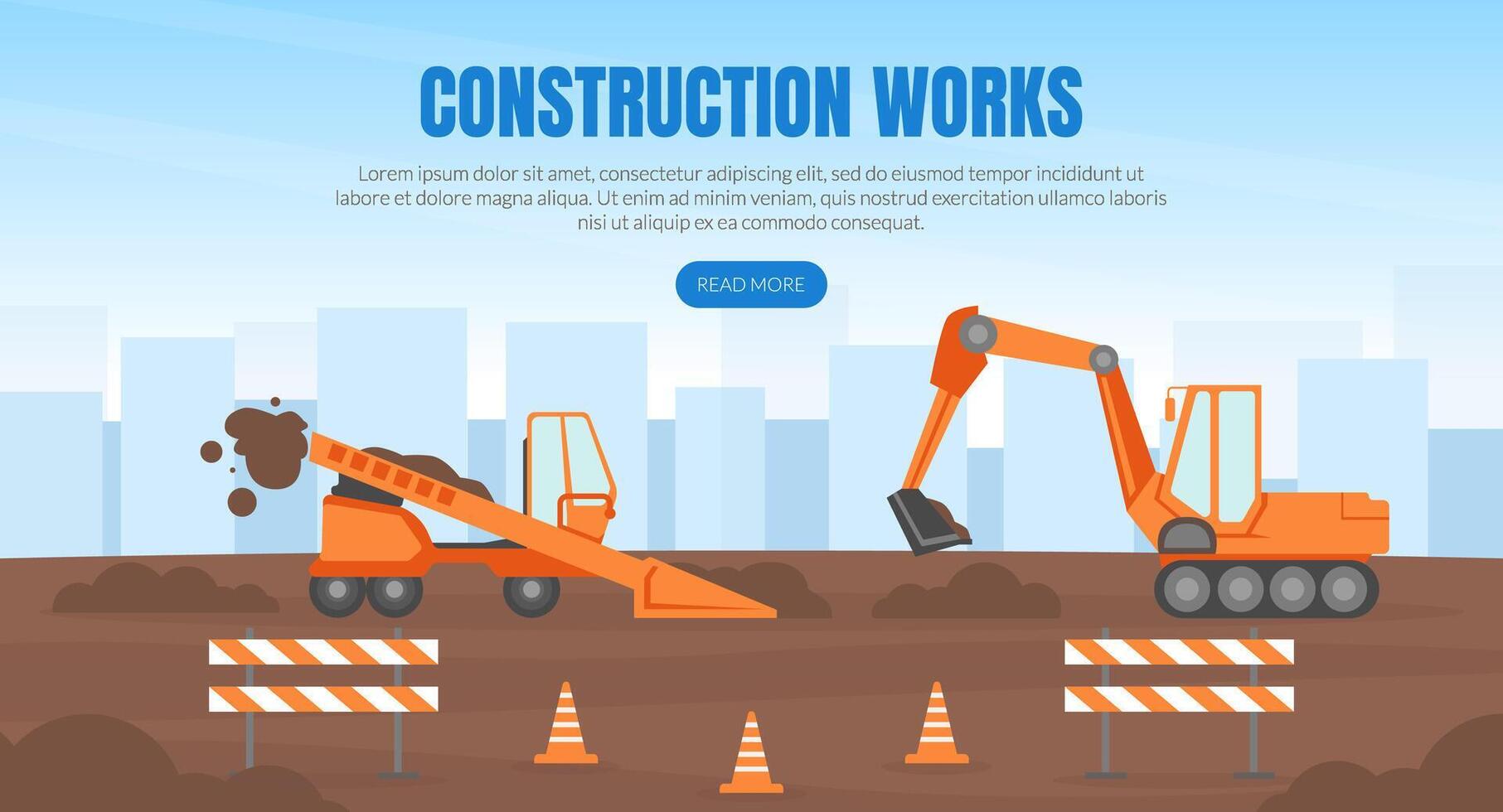 Construction Works Landing Page Template, New Road Building, Heavy Construction Machinery Illustration vector
