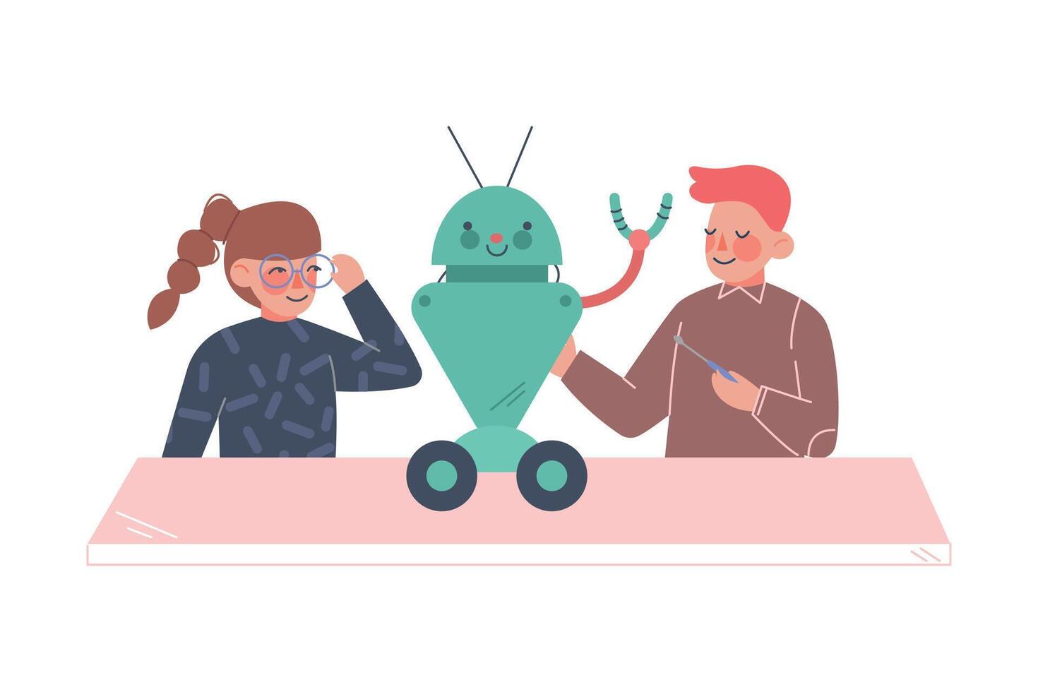 School Students Creating Toy Robot, Boy and Girl Engineers Characters Working on Educational Project Cartoon Style Illustration vector