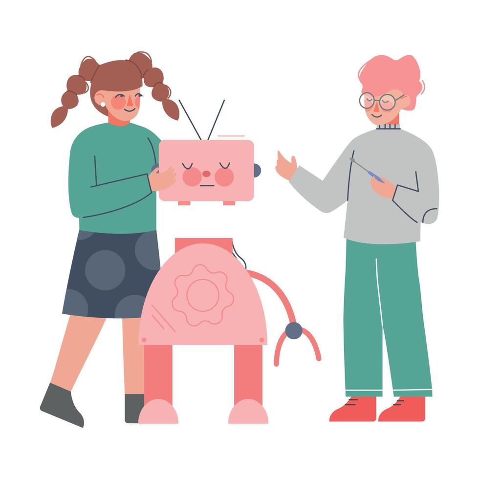 School Students Characters Assembling Robot, Boy and Girl Working on Educational Project Cartoon Style Illustration vector