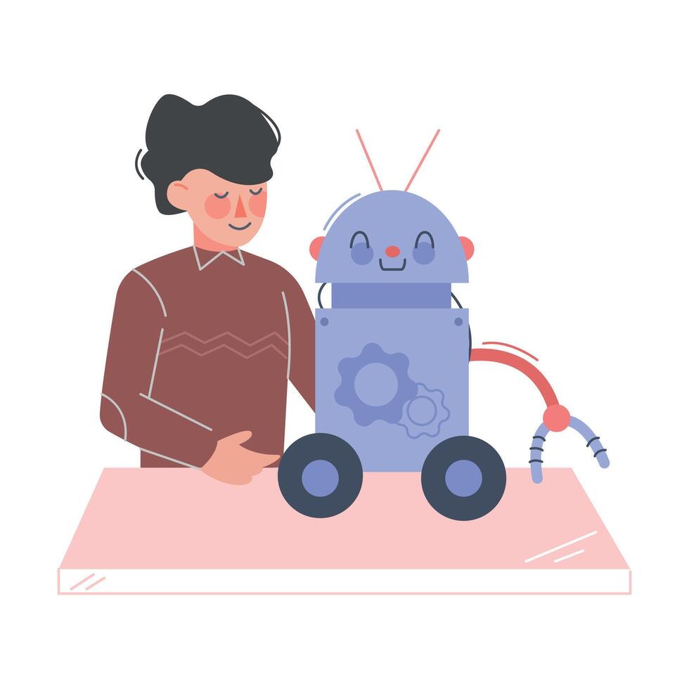 Schoolboy Assembling and Programming Toy Robot, Boy Engineer Character Working on Future Technology Educational Project Cartoon Style Illustration vector