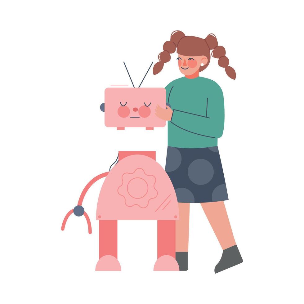 Girl Assembling Robot, Schoolgirl Working on Educational Project Cartoon Style Illustration vector
