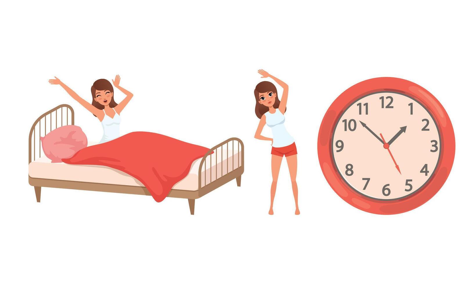 Girl Waking Up and Doing Morning Workout Set, Young Woman Activity and Daily Routine Cartoon Illustration vector