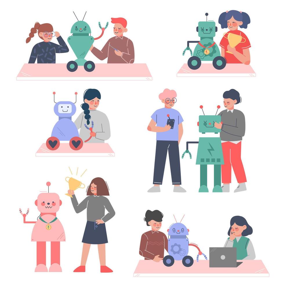 Students Creating Robots Set, Boys and Girls Engineers Characters Working on Future Technology Educational Project Cartoon Style Illustration vector