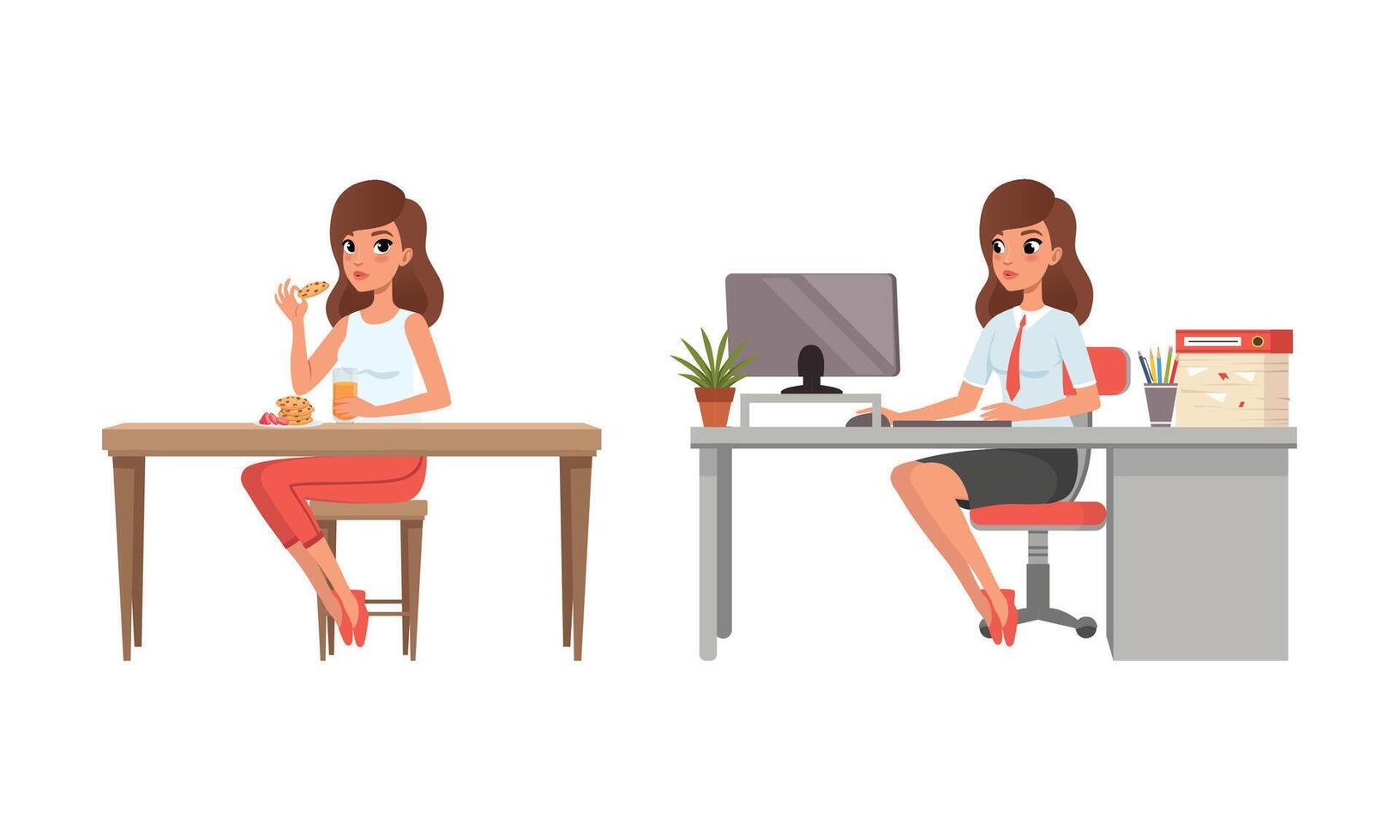 Girl Having Breakfast and Working with Laptop Computer at her Office Set, Young Woman Activity and Daily Routine Cartoon Illustration vector
