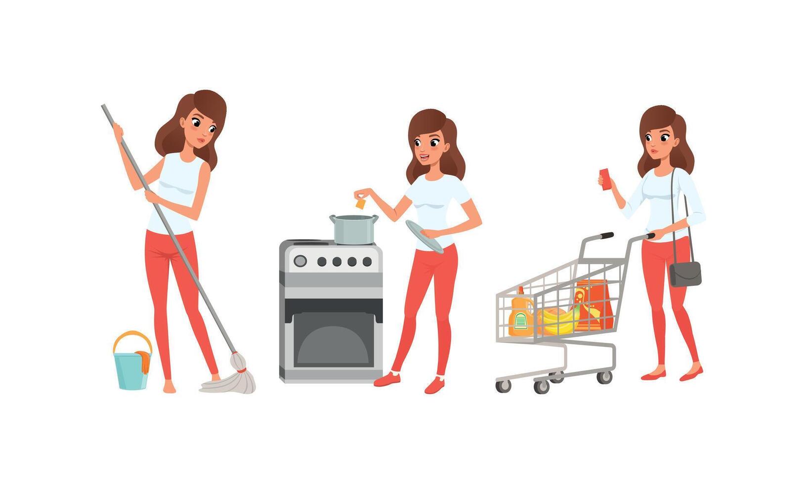 Girl Cleaning Floor with Mop, Cooking in Kitchen, Shopping in Supermarket Set, Young Woman Activity and Daily Routine Cartoon Illustration vector