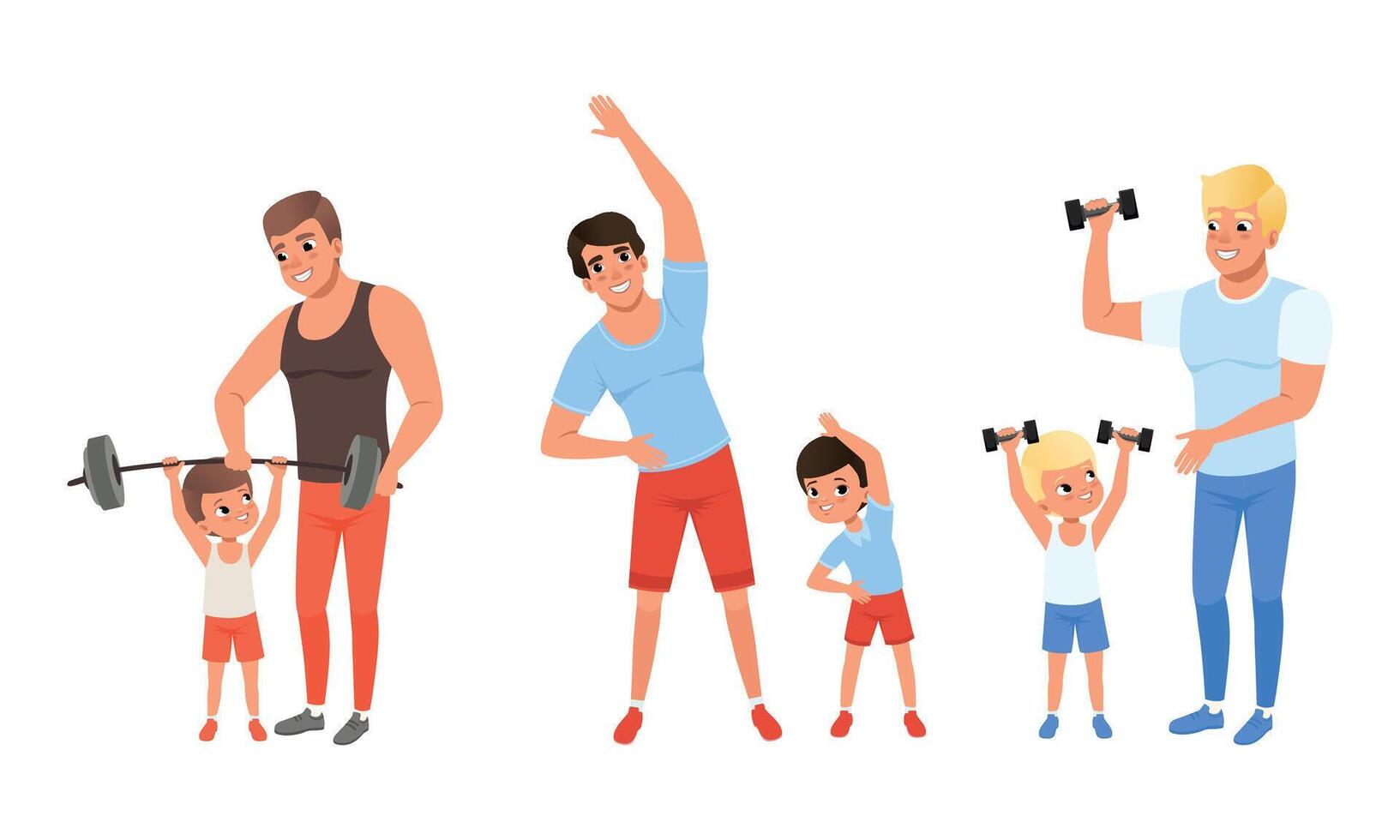 Father and their Sons Doing Sports Together, Cheerful Men and Boys Exercising with Dumbbells and Barbell Cartoon Illustration vector