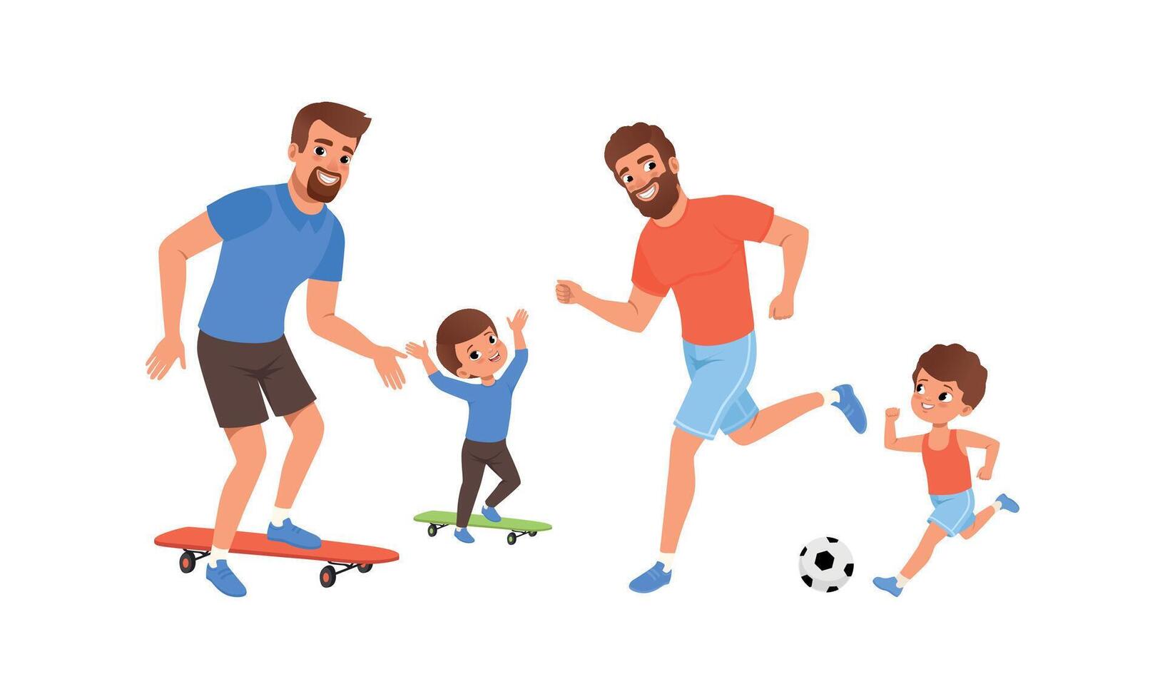 Father and their Sons Doing Sports Together, Cheerful Men and Boys Playing Soccer and Riding Skateboard Cartoon Illustration vector