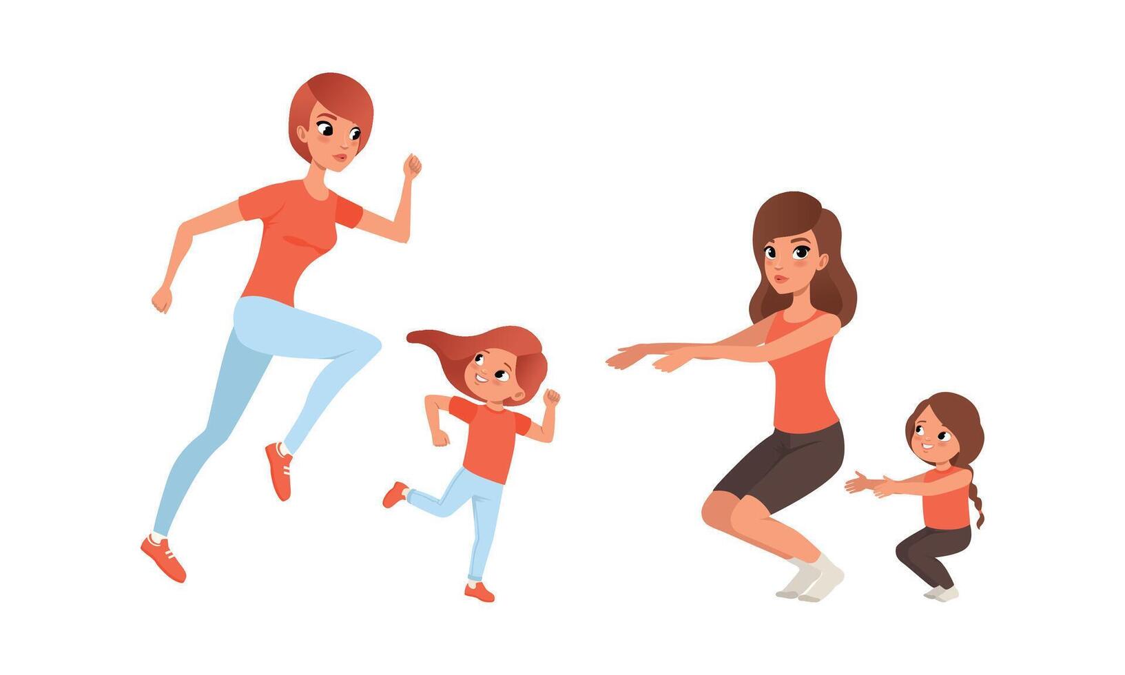 Mother and their Daughters Doing Sports Together, Cheerful Women and Girls Running and Doing Squats Cartoon Illustration vector