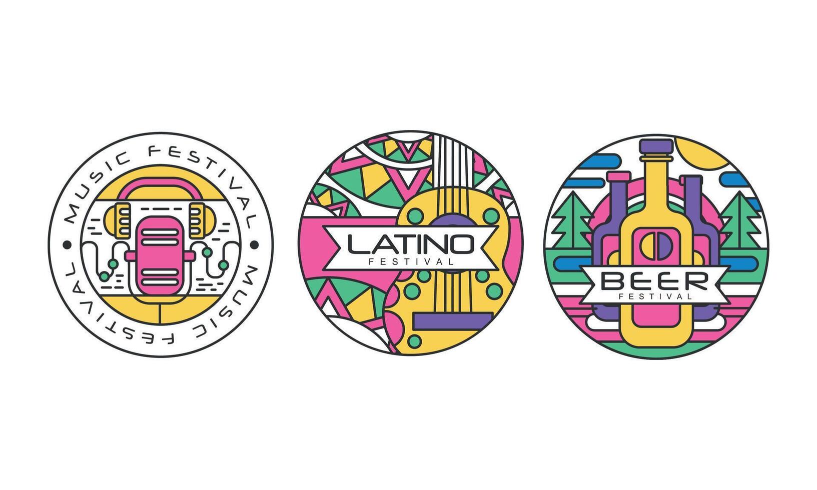 Festival Logos Set, Music, Latino, Beer Festival Labels or Stickers of Round Shape Illustration vector