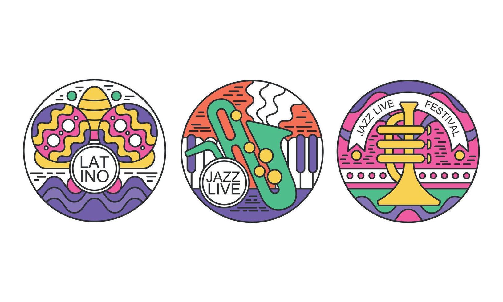 Festival Logos Set, Latino, Jazz Live Festival Labels or Stickers of Round Shape Illustration vector