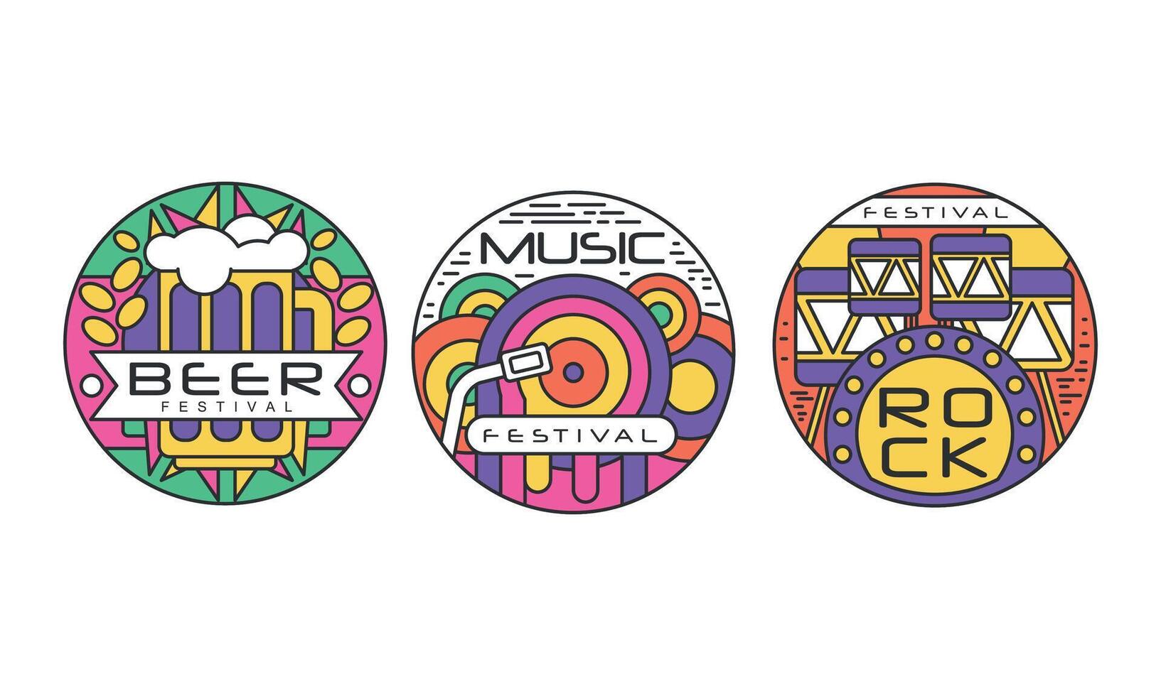 Festival Logos Set, Music, Beer, Rock Fest Labels or Stickers of Round Shape Illustration vector