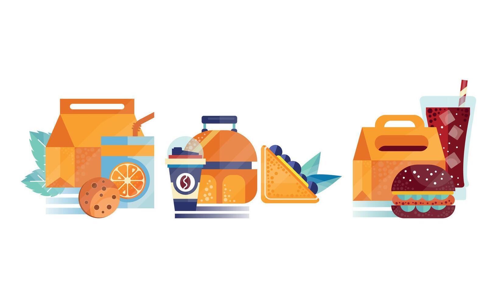 School Lunch Boxes with Various Ingredients Set, Food For Kids and Students Collection Flat Illustration vector