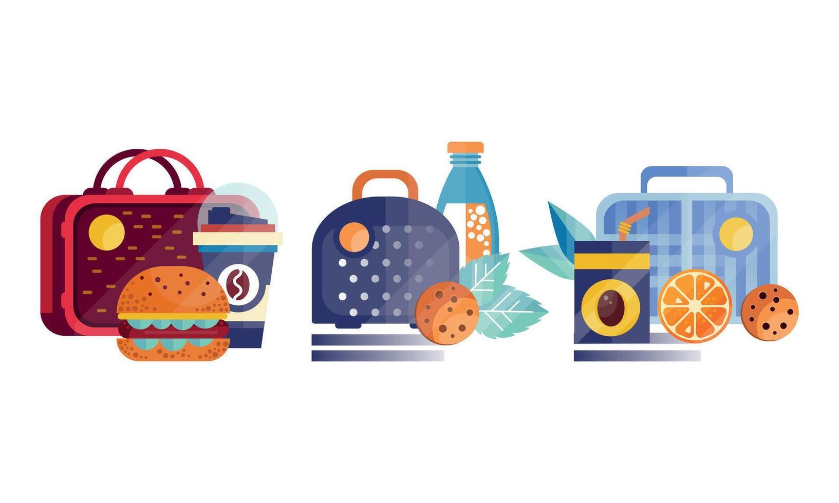 Lunch Food Boxes Set, Food For Children and Students with Various Ingredients Flat Illustration vector