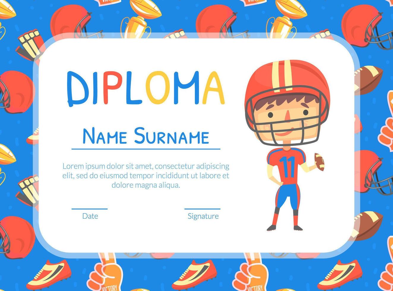 American Football Diploma, Sport Achievements Certificate Cartoon Illustration vector