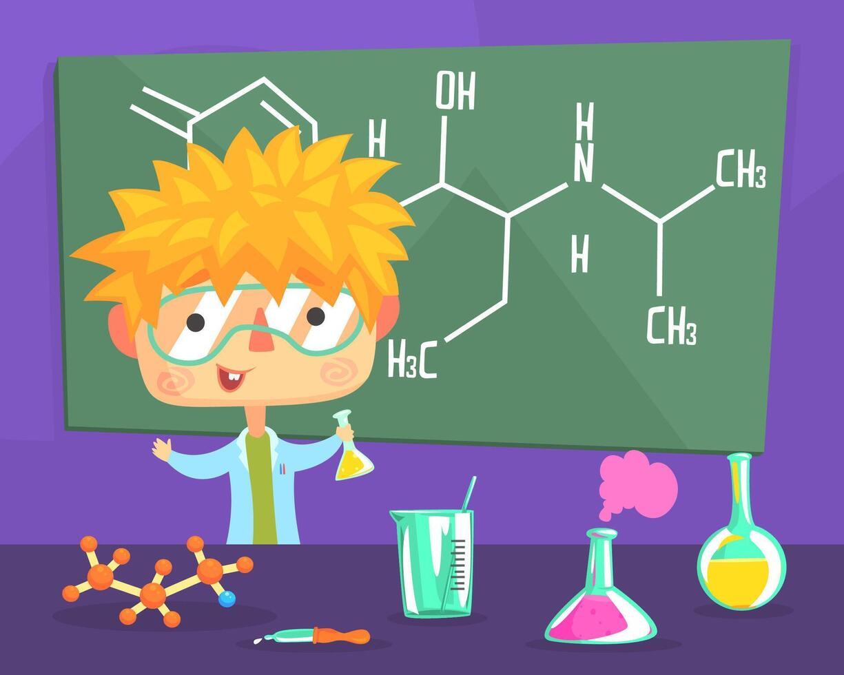 Funny Boy Scientist Experimenting with Mixing Chemicals in Lab, Child Studying in Chemistry Class Cartoon Illustration vector