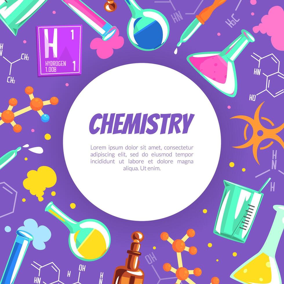 Chemistry Banner Template with Chemical Tools Seamless Pattern and Space for Text Cartoon Illustration vector