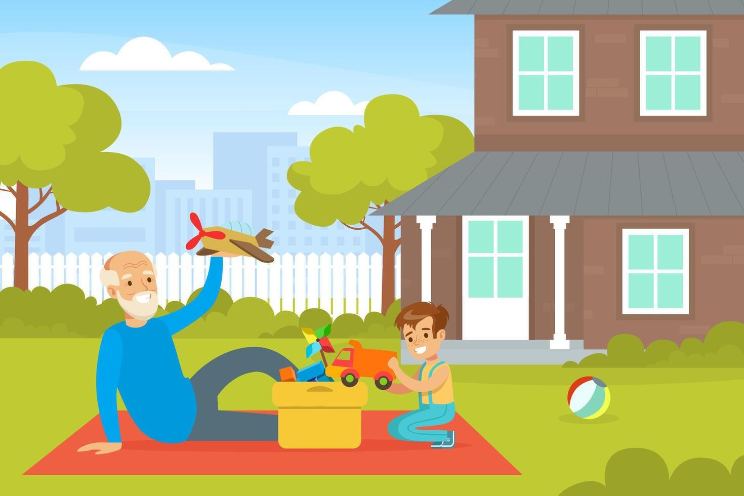 Grandpa and Grandson Playing Toys on Backyard, Grandfather Spending Time with Grandchild Cartoon Illustration vector