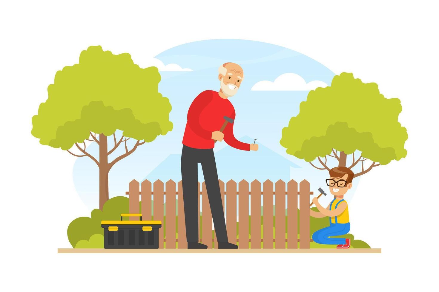 Grandpa and Grandson Repairing Fence in the Backyard, Grandfather Spending Time with Grandchild Cartoon Illustration vector