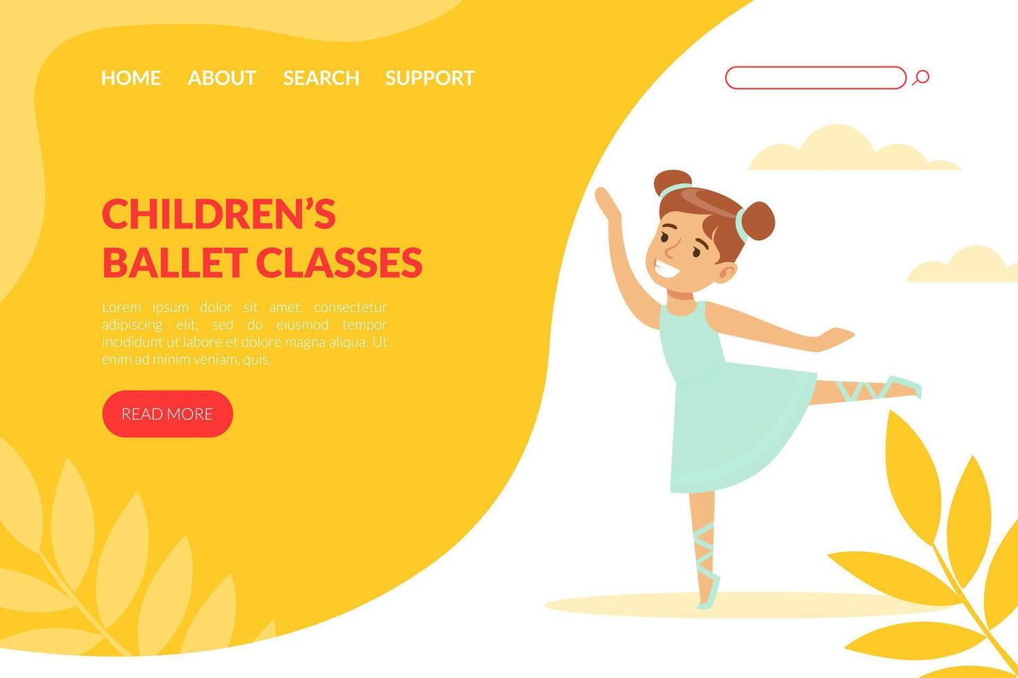 Ballet Classes for Children Landing Page, Little Ballerina Girl Dancing Wearing Tutu Dress Cartoon Illustration vector