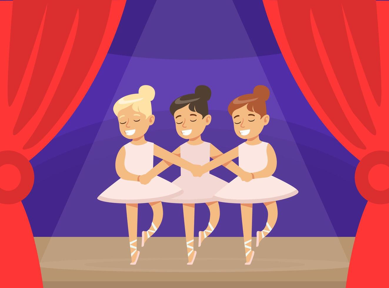 Cute Little Ballerinas Dancing on Stage in Theatre Wearing Pink Tutu Dresses Cartoon Illustration vector
